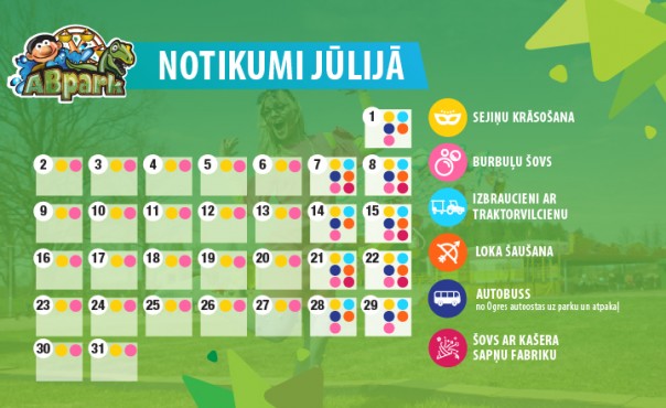 ABpark plānotie pasākumi un autobusu kursēšanas grafiks Jūlija mēnesī