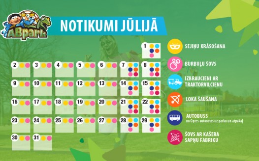 ABpark plānotie pasākumi un autobusu kursēšanas grafiks Jūlija mēnesī