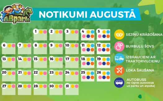 ABpark plānotie pasākumi un autobusu kursēšanas grafiks augusta mēnesī
