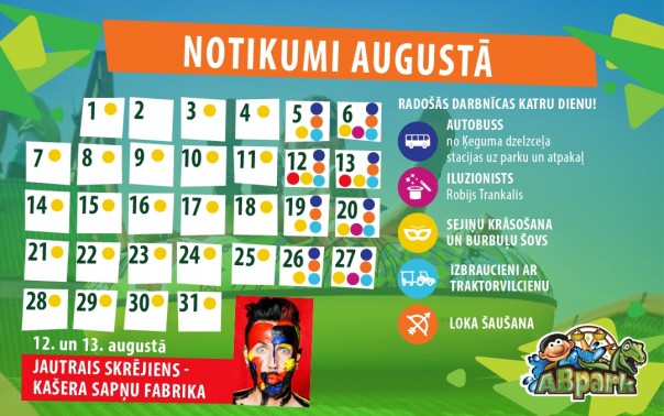 ABpark plānotie pasākumi un autobusu kursēšanas grafiks Augusta mēnesī