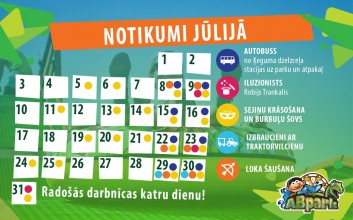 ABpark plānotie pasākumi un autobusu kursēšanas grafiks Jūlija mēnesī