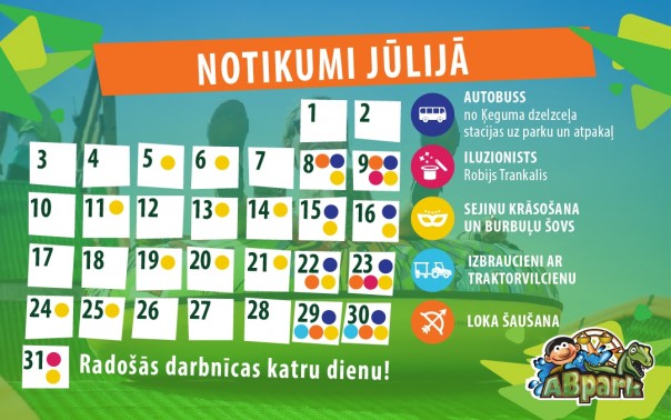 ABpark plānotie pasākumi un autobusu kursēšanas grafiks Jūlija mēnesī