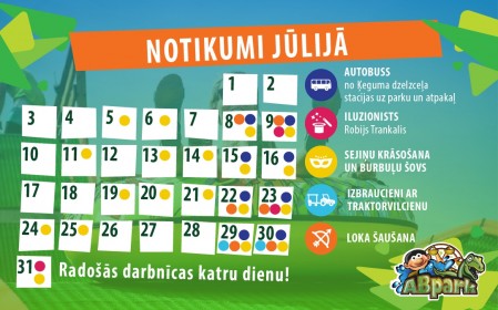 ABpark plānotie pasākumi un autobusu kursēšanas grafiks Jūlija mēnesī